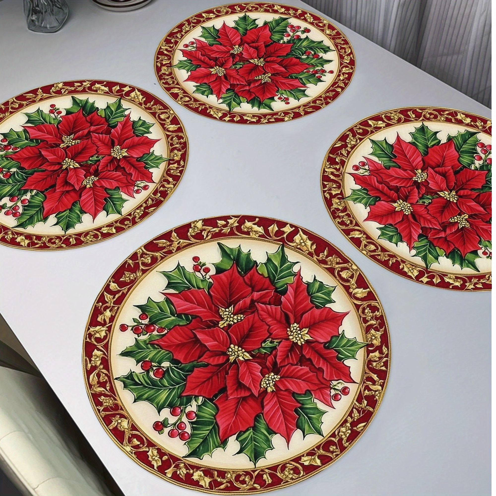 

4pcs Set Of Red Vintage Poinsettia Round Placemats - Christmas & Holiday Dining Decor, Polyester, , Christmas Decor