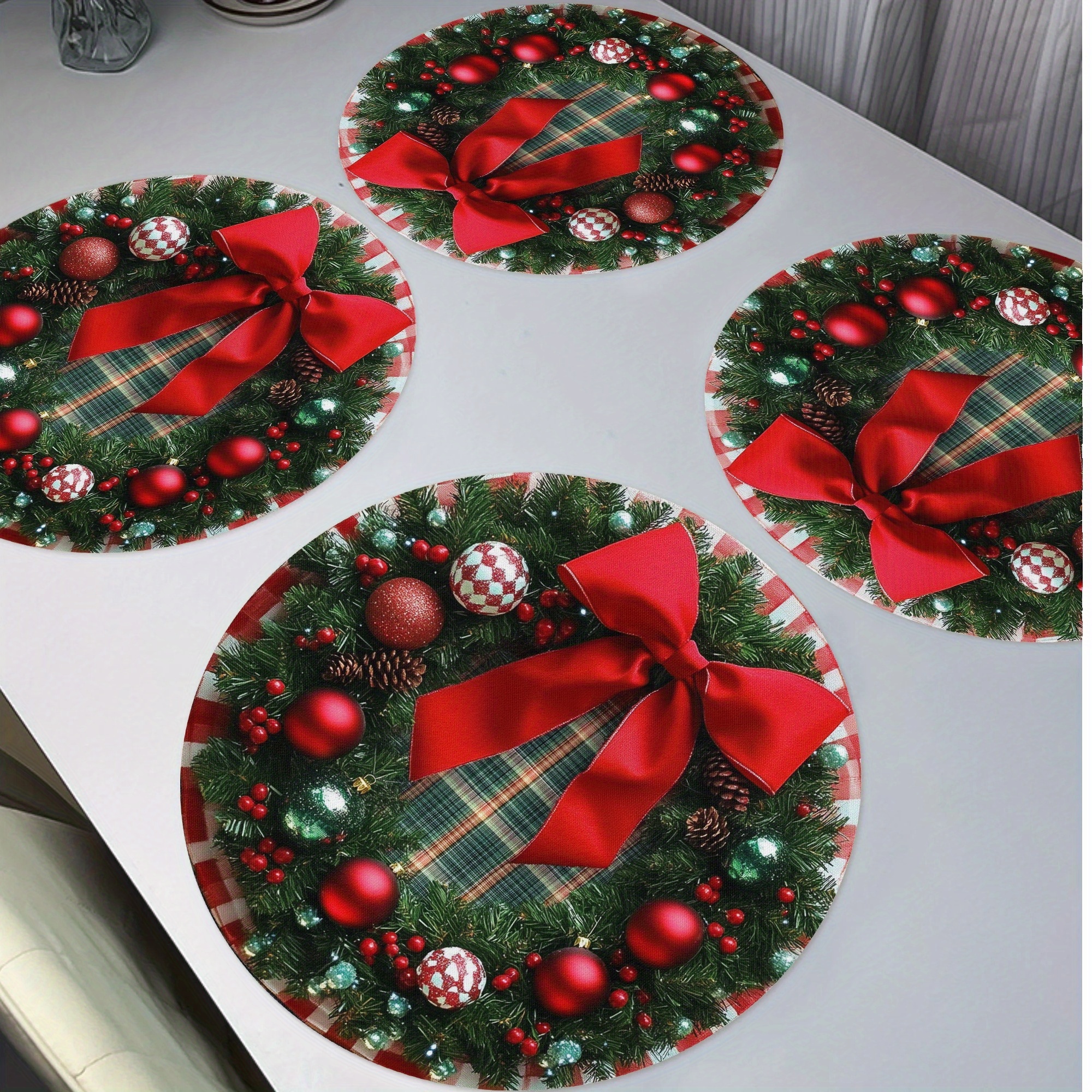 

4-pack Christmas Wreath Round Placemats, 15" Knit Fabric Table Mats With Pine Cones, Berries, And Red , Polyester Only, Dining Decor Set