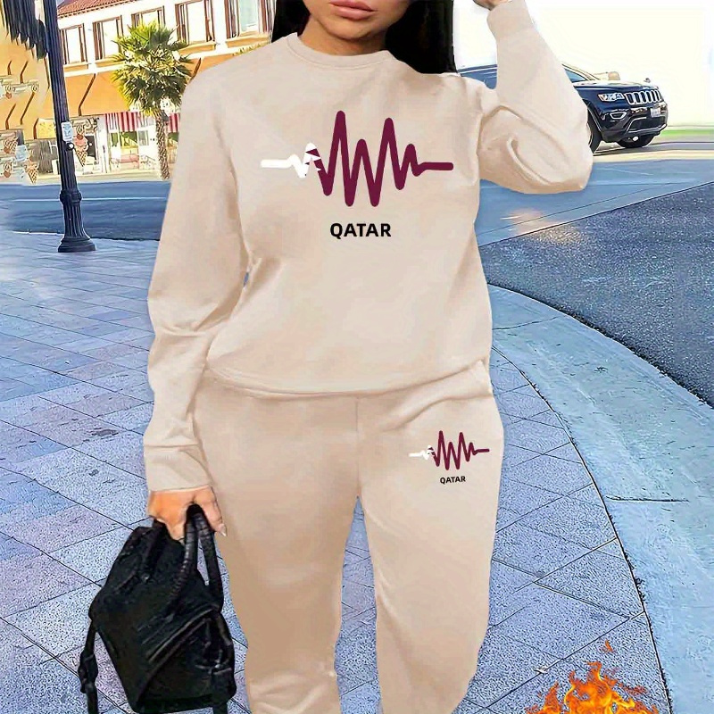 

Casual Knit Polyester Tracksuit Set With Crew Neck And Printed - Qatar Heartbeat Graphic Sweatshirt And Joggers Outfit