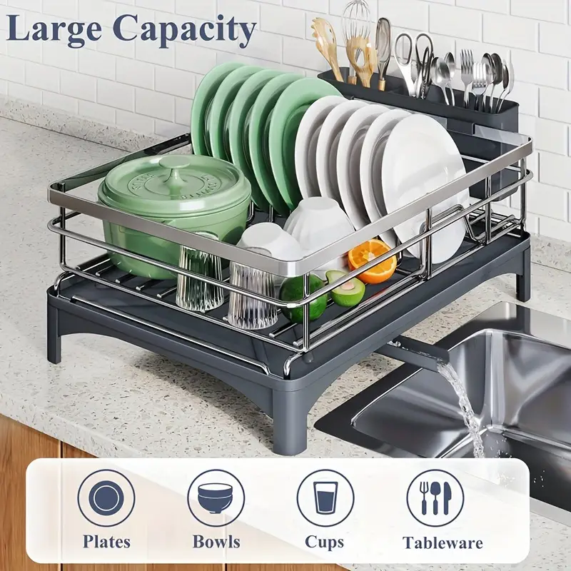 dish drying rack for kitchen counter large dish rack with 304 stainless steel dish drainer with utensil holder for sink used for storing plates forks water cups spoons used for kitchen rv yacht outdoor camping Product details 1