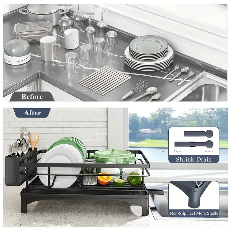dish drying rack for kitchen counter large dish rack with 304 stainless steel dish drainer with utensil holder for sink used for storing plates forks water cups spoons used for kitchen rv yacht outdoor camping Product details 3