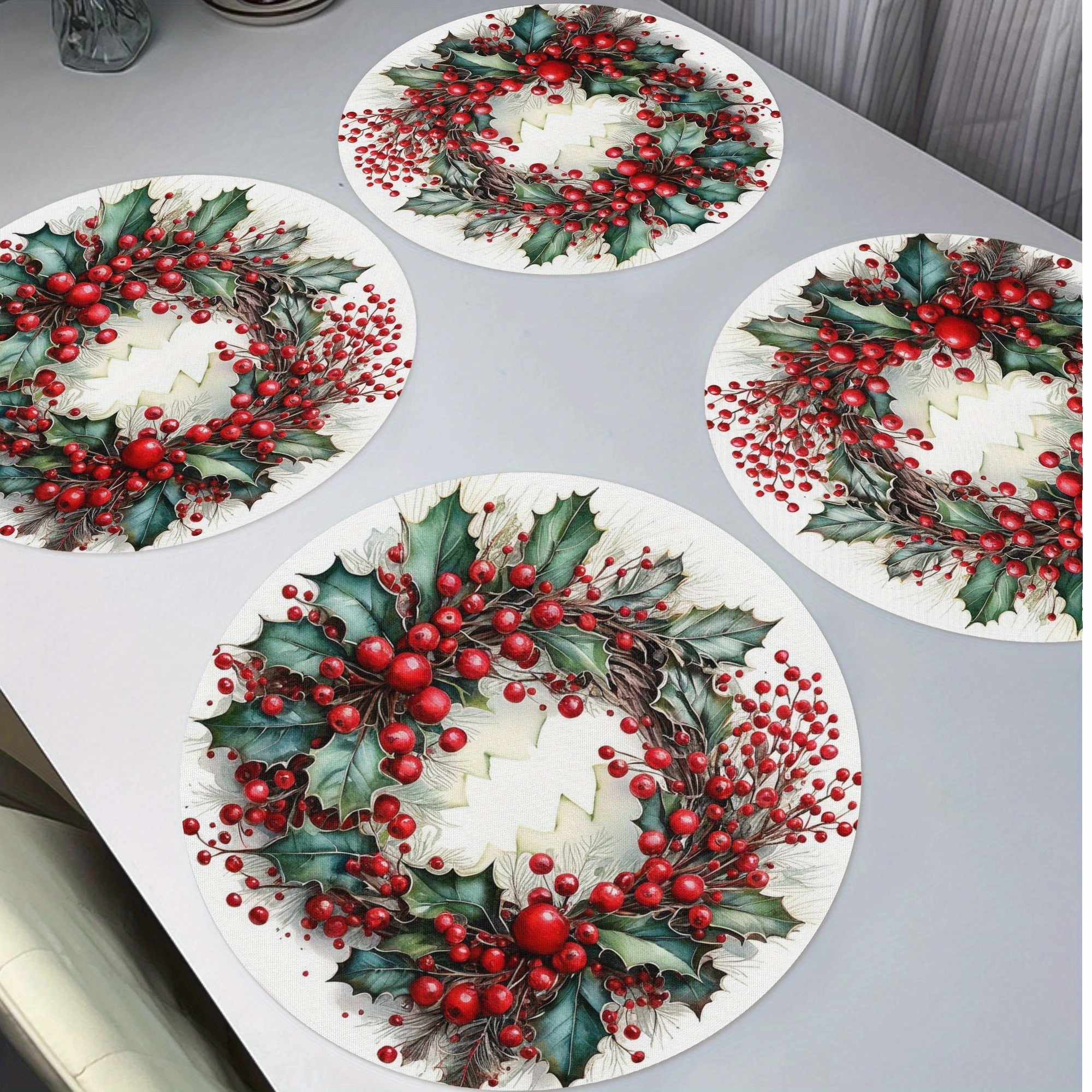 

4pcs Merry Christmas Berry Wreath Round Placemats, Winter Seasonal Non-slip Washable Heat Resistant Table Mats Place Mats 15" For Party Kitchen Dining Christmas Decor