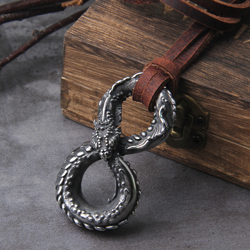 

Pendant Necklace For Men, Punk Style Leather Cord, Alloy Dragon Snake Knot Charm, Hippo Jewelry