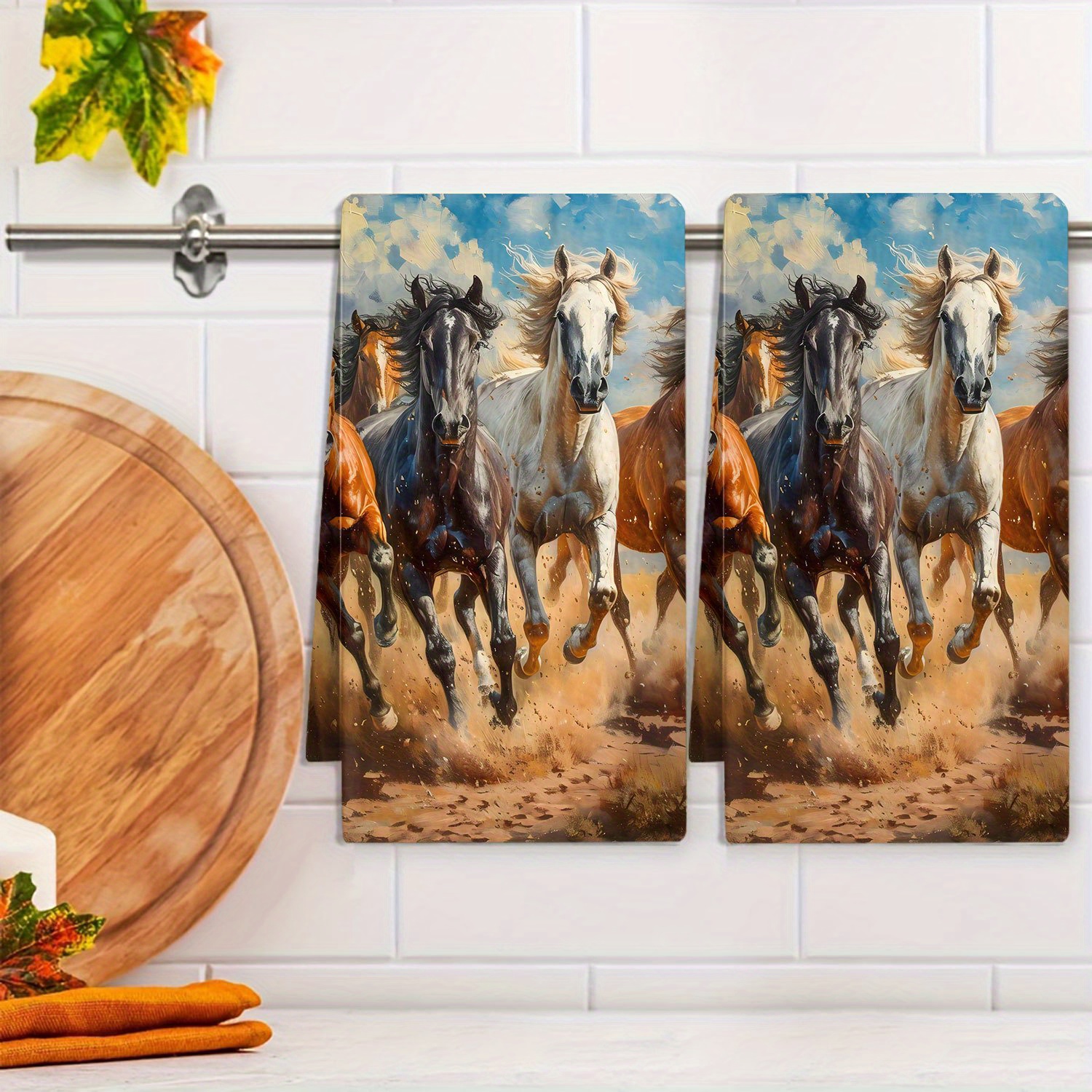 

1pc 4 Horse Kitchen Household Printed Towels Cleaning Cloth Table Decoration Towel