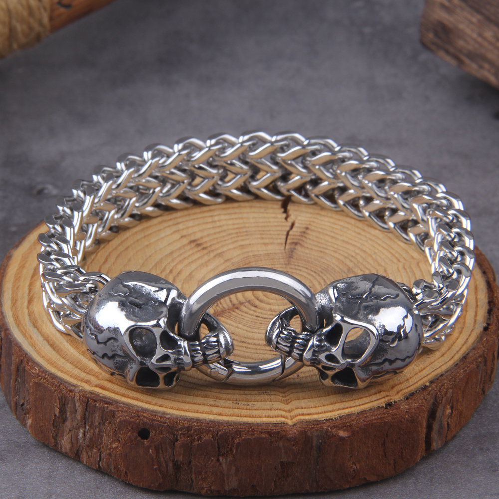 

Stainless Steel Double Wolf Head Bracelet Men's Retro Punk Mesh Chain Animal Bracelet Hip Hop Rock Trend Jewelry