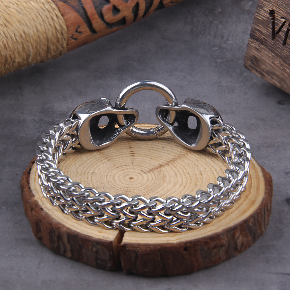 Stainless Steel Nordic Double Head Men's Retro Punk Mesh Chain Animal Bracelet Hip Hop Rock Trendy Jewelry