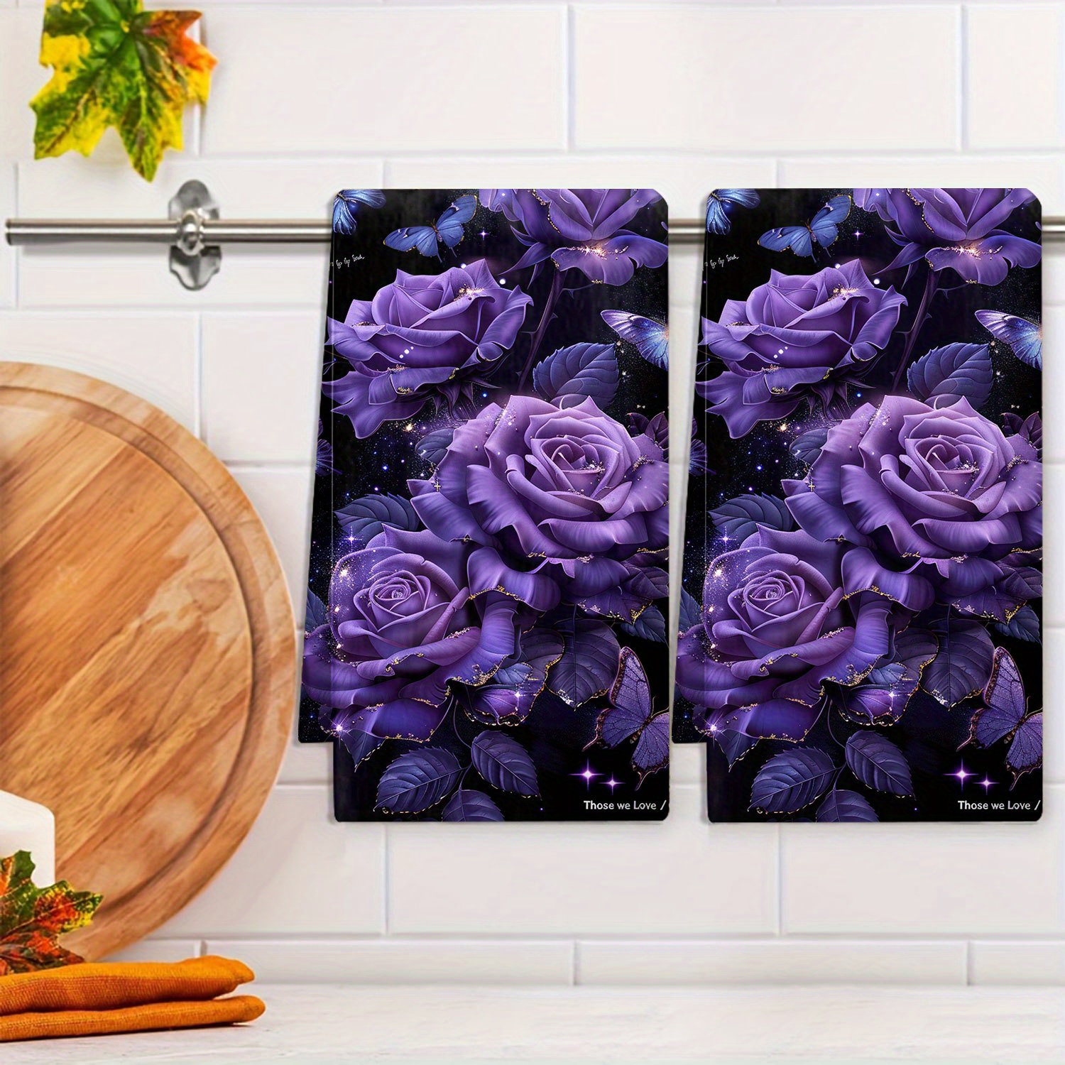 

Modern Purple Rose Kitchen Towel - 1pc Woven Polyester Cleaning Cloth For Dining Table Decor, 240gsm Oblong Patterned Towel