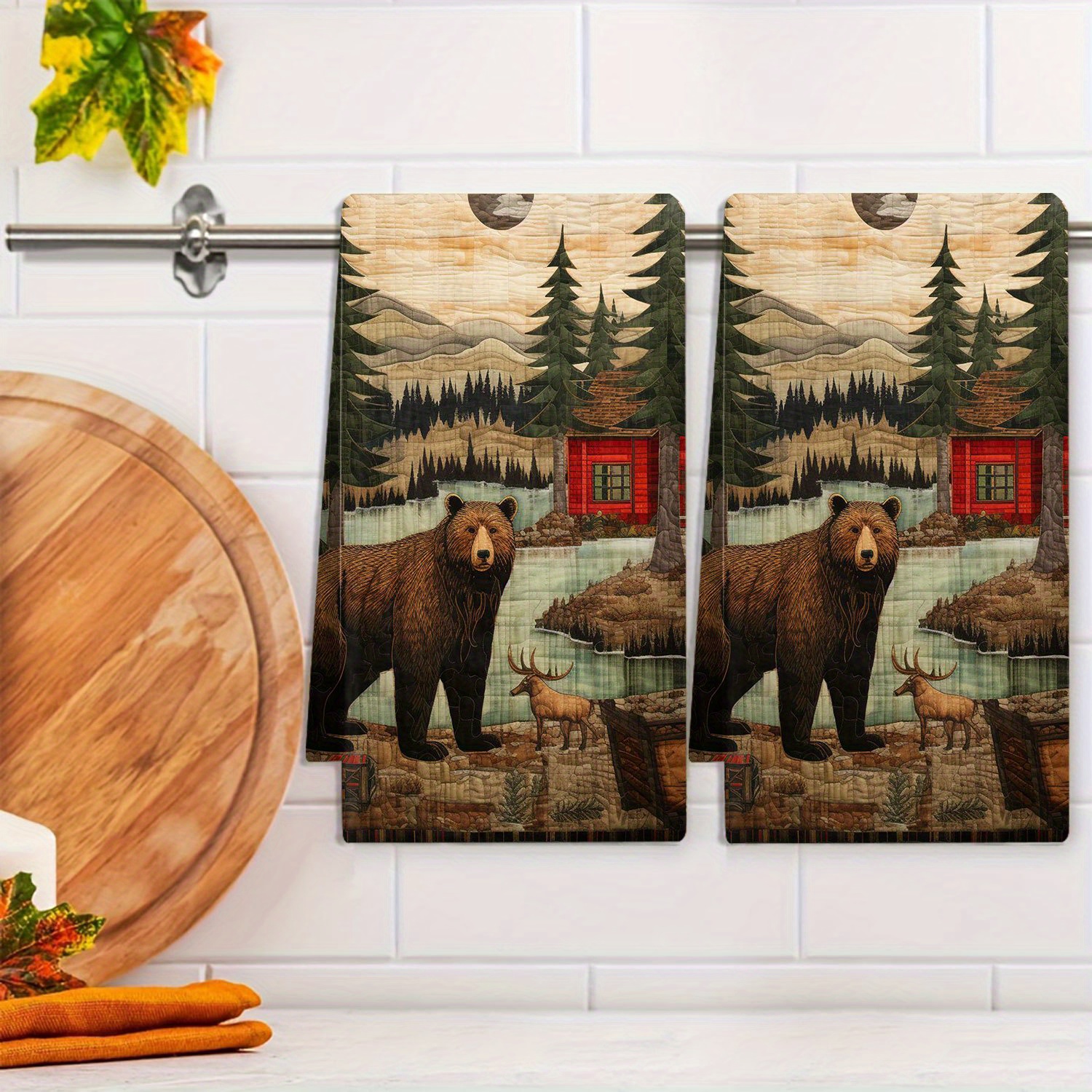 

1pc Towel With Brown Bear & Elk Design - Soft Polyester, Woven For Durability, Cleaning & Dining Decor