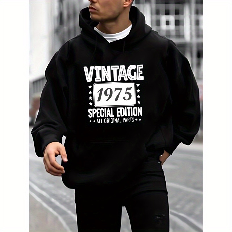 

Vintage 1975 Special Hoodie For Men - 100% Polyester, Long Sleeve, Knit Fabric Hooded Sweatshirt With Alphabet Pattern, , For Winter