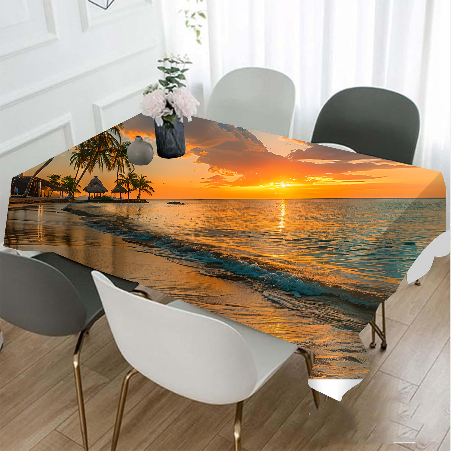 

Tropical Beach Sunset Square Tablecloth - Non-woven Fabric, 100% Polyester Cover, Machine Made Table Linens For Dining And Living Room Home Decor, Dustproof Rectangular Decorative Table Cover