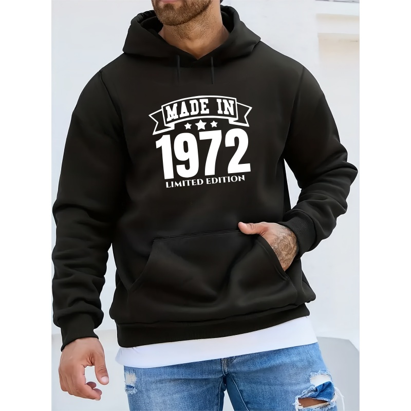 

1972 Hoodie For Men - Casual Polyester Knit Fabric Sweater With Long Sleeve, Hooded Collar, Stretch - Alphabet Pattern Pullover