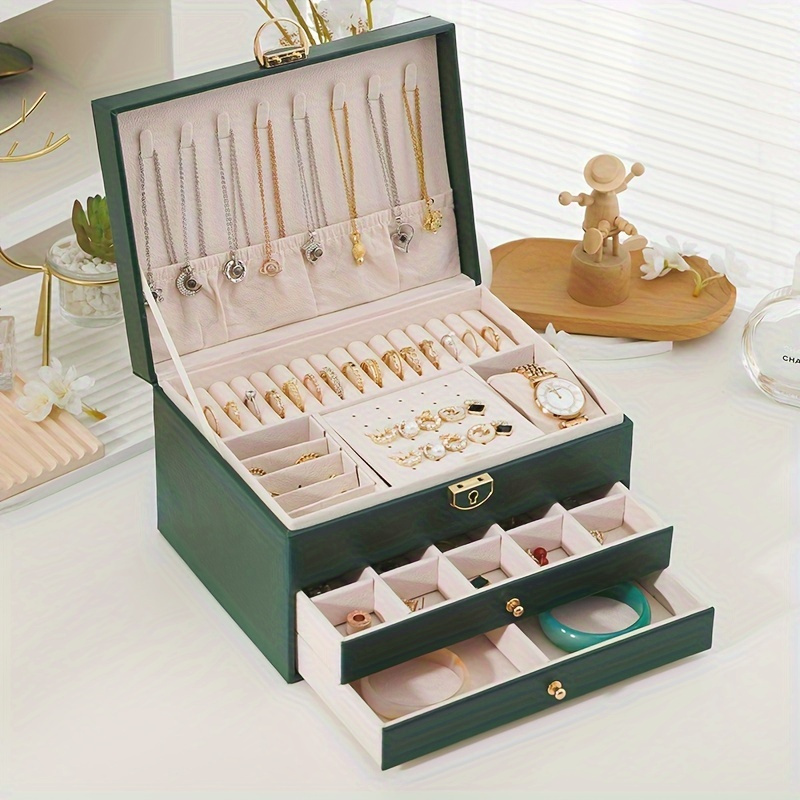 

1pc Luxe Jewelry Organizer Box With Lock - Storage Case For Earrings, Rings, Necklaces, Bracelets - Portable And With Multiple Compartments, Other (jewelry Boxes & Organizers)