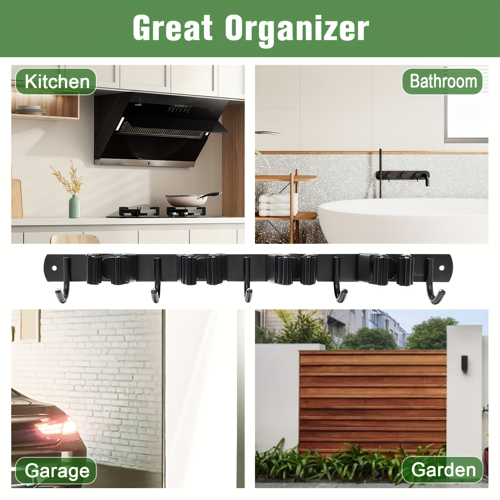  heavy duty metal tool organizer rack with 4 slots 5 hooks green black wall mounted storage for garden tools brooms mops garage equipment tool organizer storage details 0