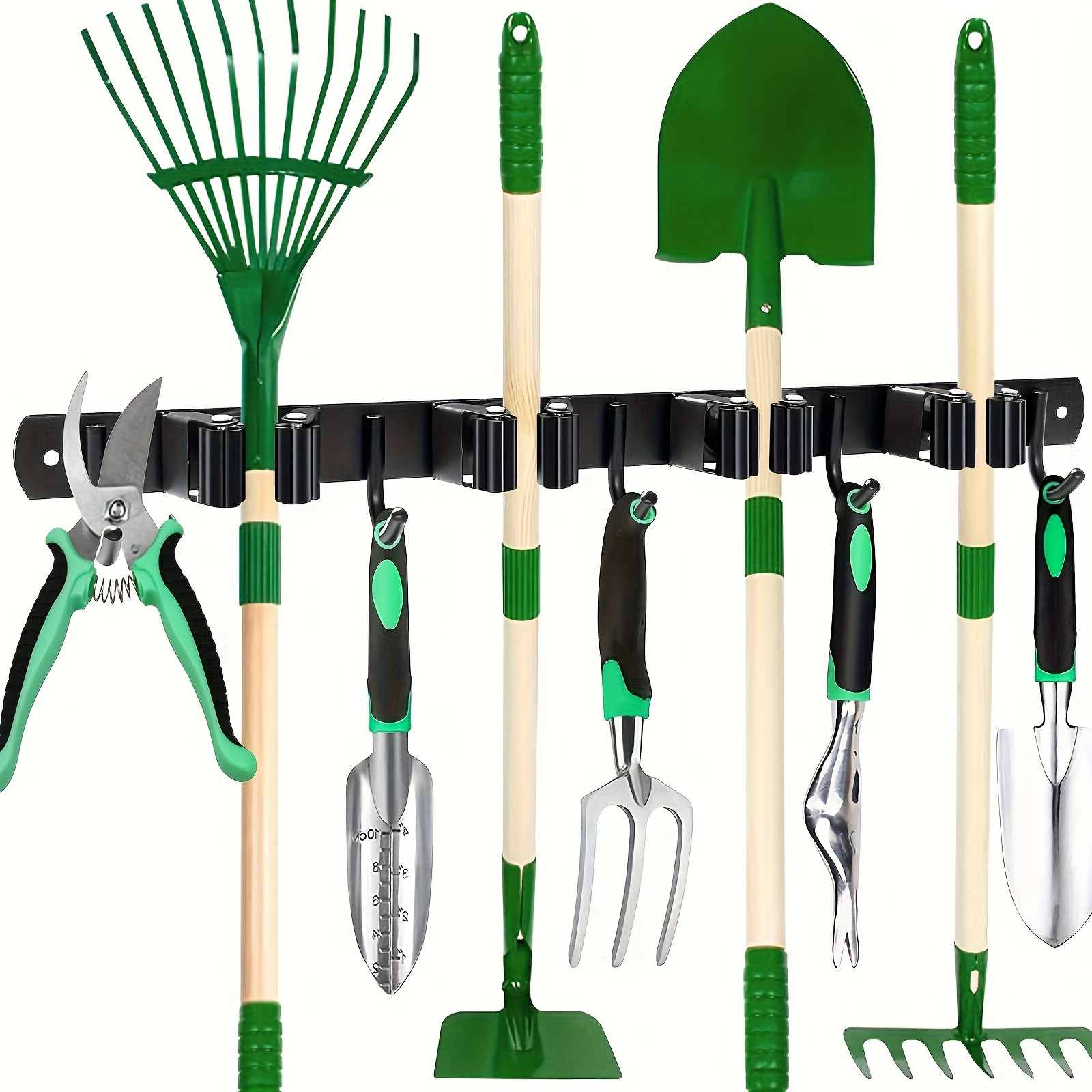  heavy duty metal tool organizer rack with 4 slots 5 hooks green black wall mounted storage for garden tools brooms mops garage equipment tool organizer storage details 1