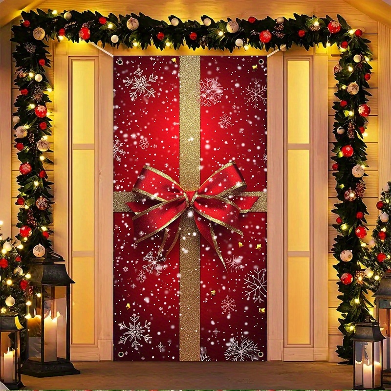 

1pc Christmas Gift Box Door Cover - Polyester Holiday Decoration, Easy To Hang, Reusable Christmas Decorations Merry Christmas Door Cover For Christmas Party Decorations Supplies