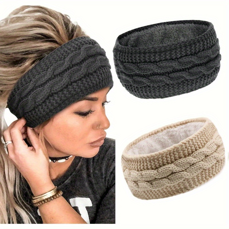 

Set Of 2 Knitted Headbands Fleece Lining - Ear Hairbands For Women