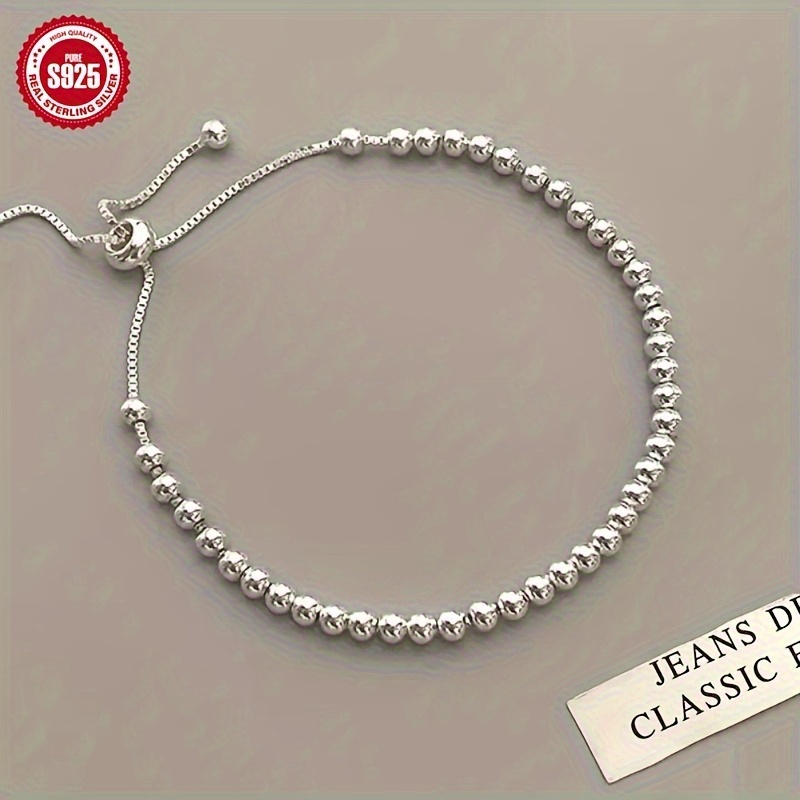 

New Women's Pure Silver Bracelet S925 Pure Silver Round Bead Bracelet 3.6g/ 0. Pull Out Adjustable Design Simple Bean Light Bead Bracelet Pure Silver Jewelry Valentine's Day Gift Popular Online