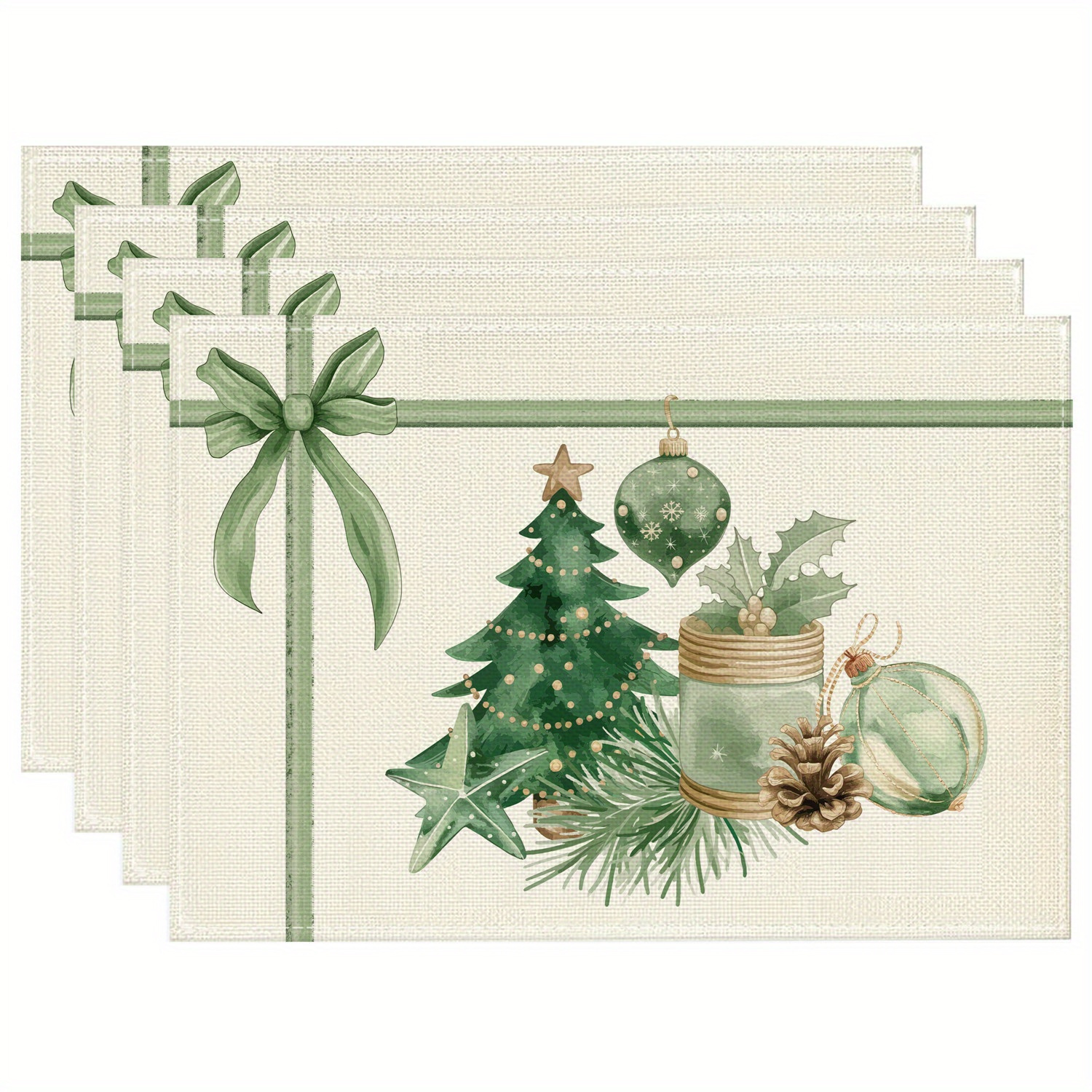 

4pcs Set , Light Green Christmas Placemats - 12x18 Inch , Decor With Ornaments And For Kitchen & Dining