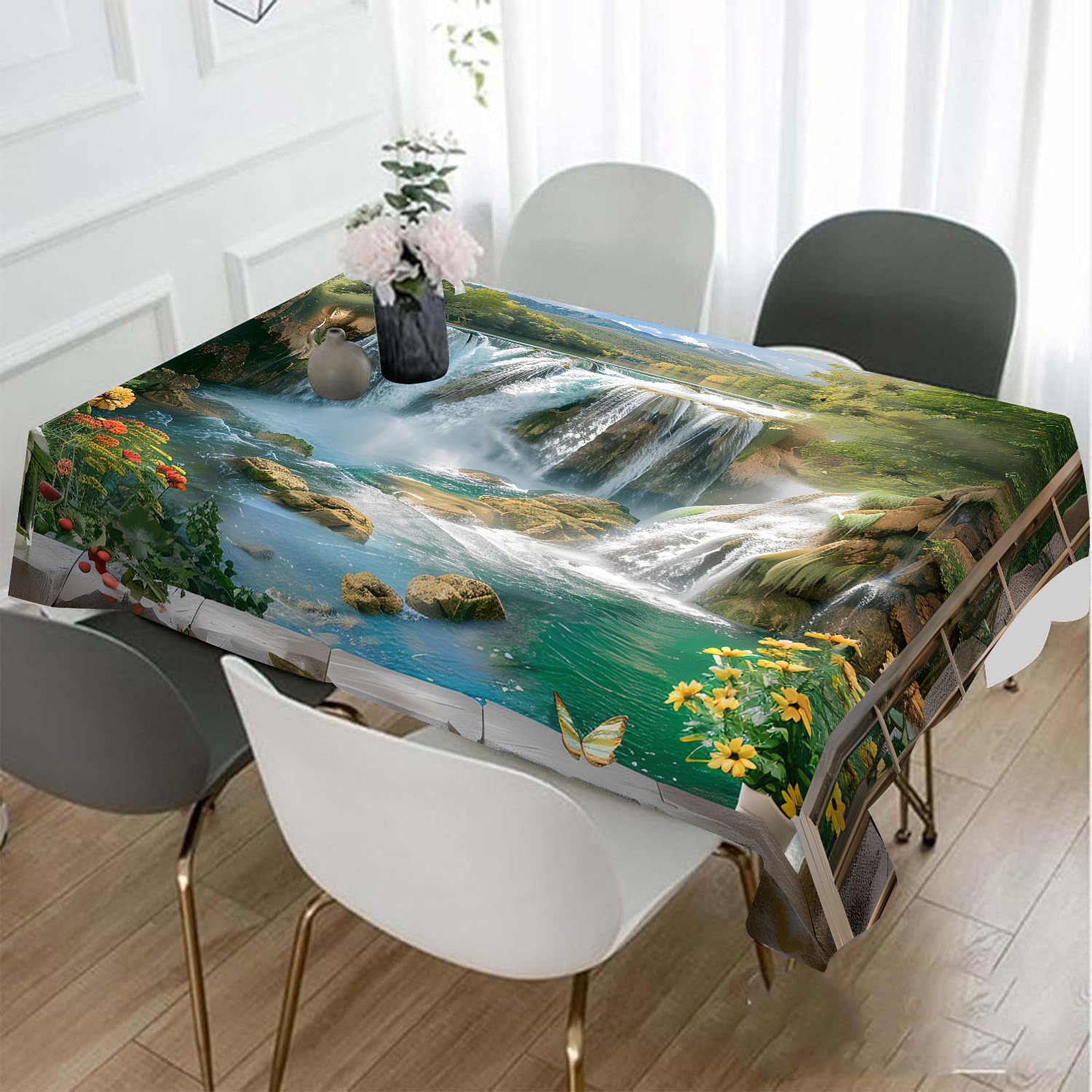 

Nature-inspired Polyester Tablecloth - Machine Made Non-woven Square Table Cover With Waterfall Landscape And Floral Pattern For Home Decor And Dust Protection