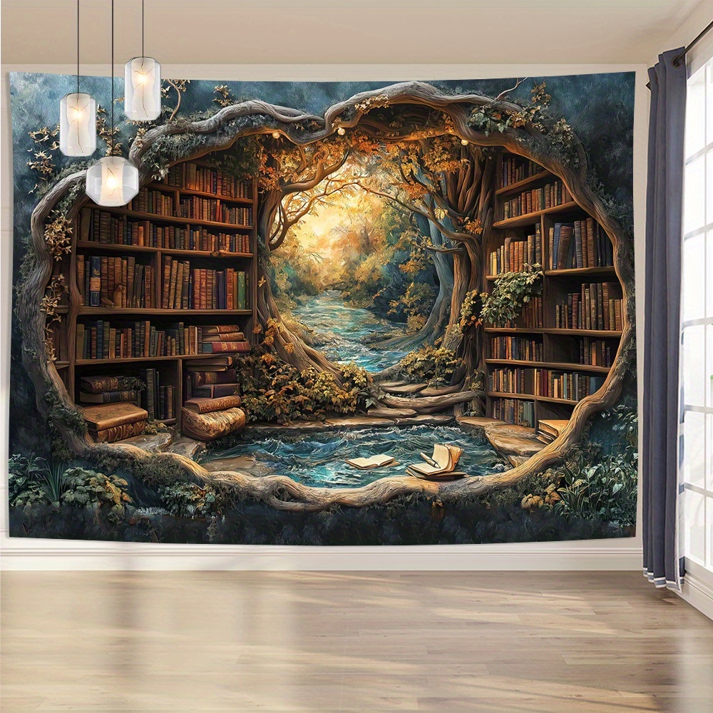 

3d Bookshelf Tapestry Wall Hanging - Style Polyester Library Backdrop For Living Room, Office & Home Decor - For , No Feathers, Electricity-free