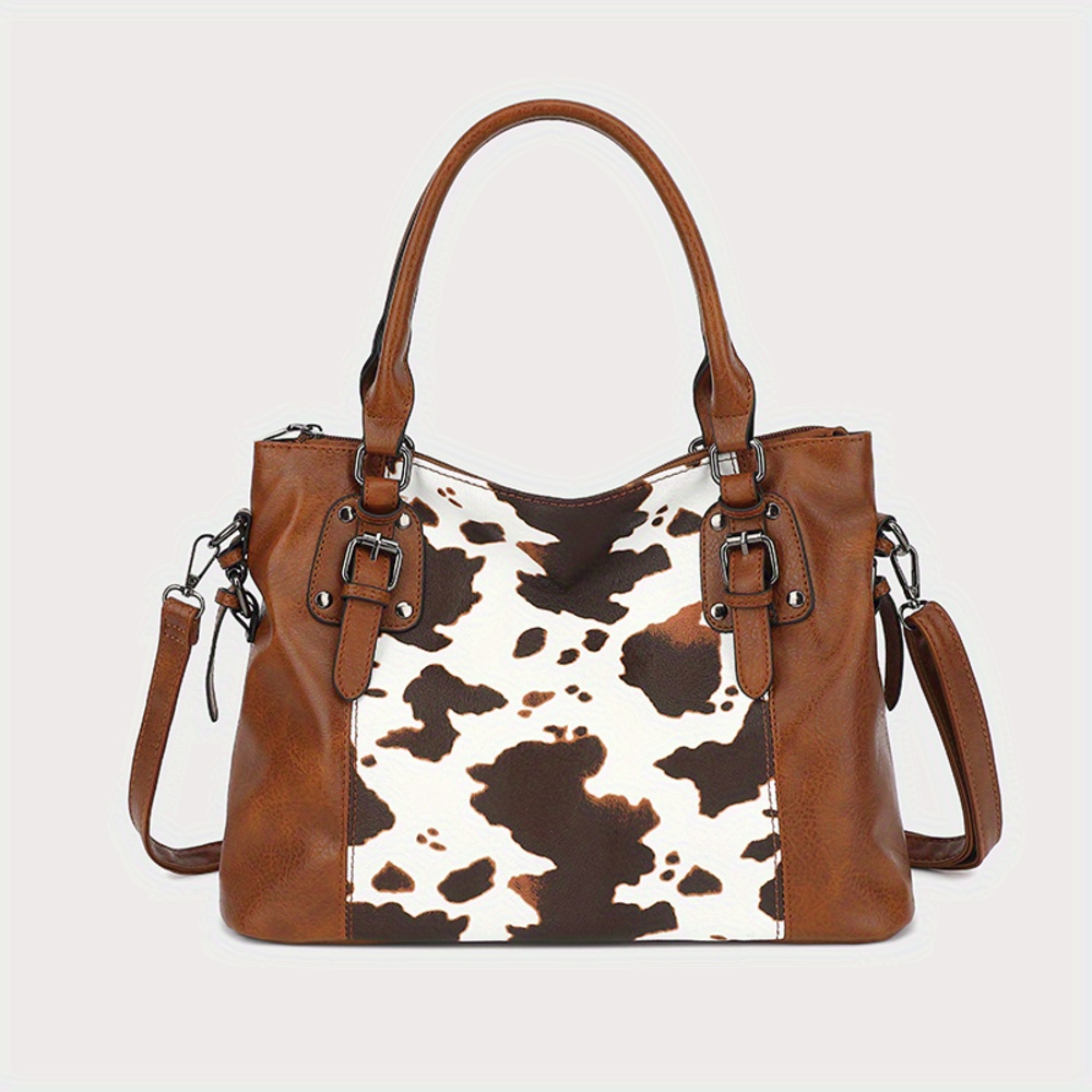 TEMU Stylish Cow Print Tote Bag For Women - Large Capacity, Detachable Shoulder Strap, Animal Pattern, Casual Or Business Use, Casual Tote Bag | Fashion Accessory | Construction