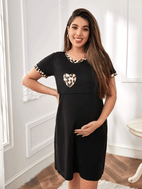 comfortable black maternity dress with floral accents casual short sleeve round neck stretchy fabric for spring summer nursing rest maternity dress floral accent dress stretchy fabric