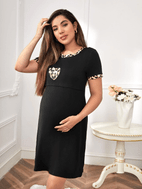 comfortable black maternity dress with floral accents casual short sleeve round neck stretchy fabric for spring summer nursing rest maternity dress floral accent dress stretchy fabric