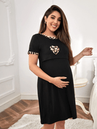 comfortable black maternity dress with floral accents casual short sleeve round neck stretchy fabric for spring summer nursing rest maternity dress floral accent dress stretchy fabric