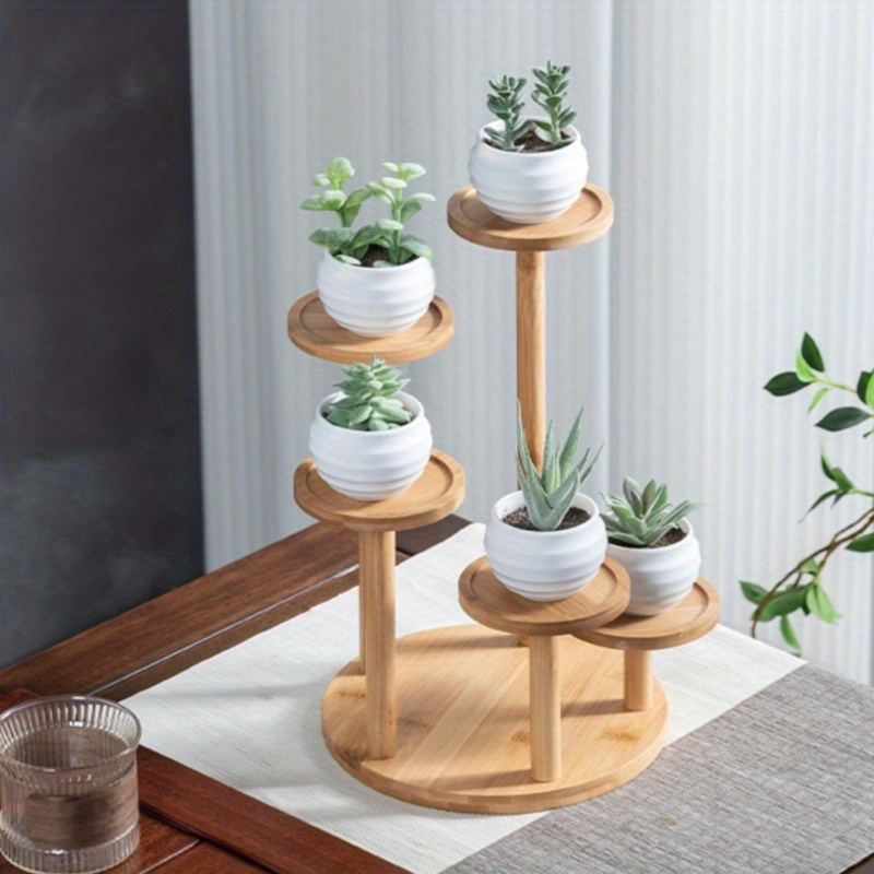 

Bamboo Plant Stand - Round Wooden Storage Rack For Balcony & Office, Succulents And Flowers