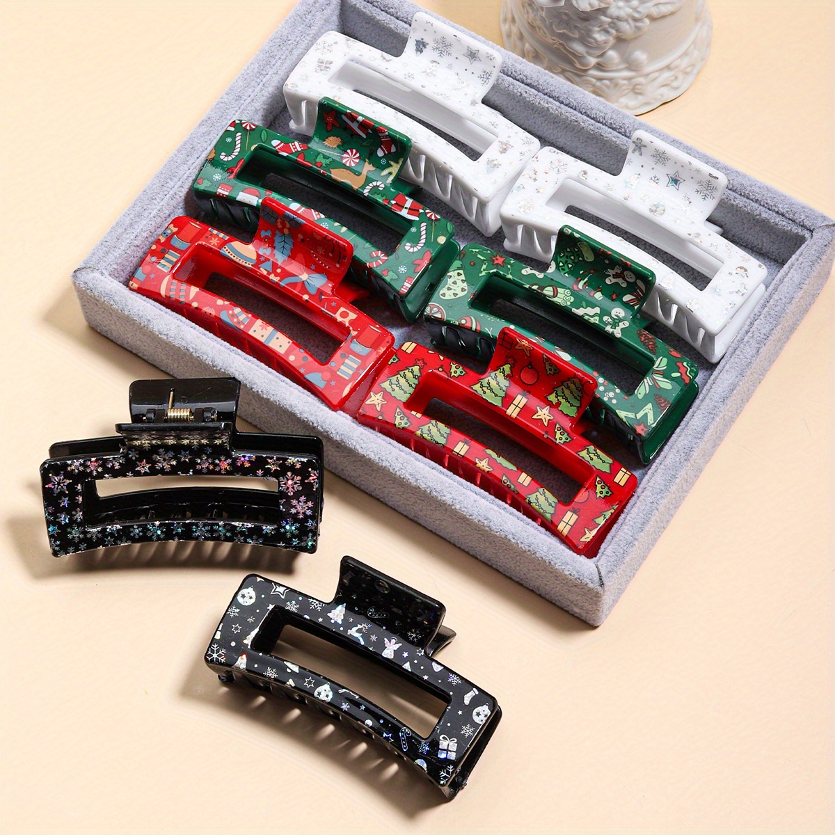 8Pcs Christmas Hair Claw Clips Set, Large Size, Elegant & Cute Beaded Rectangle Design, Plastic Hair Grips For Styling, Perfect Gift For Family & - Jewelry & Accessories
