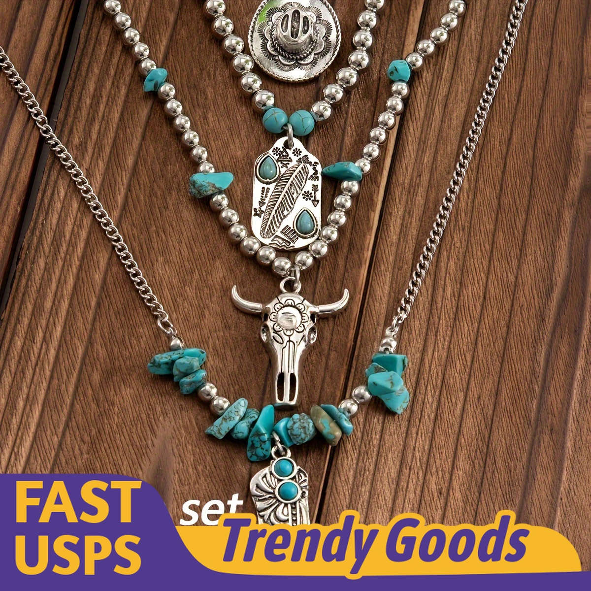 

[4 Pcs] Fashion Trend Turquoise Necklace Cowboy Necklace Chain Christmas Perfect Gift