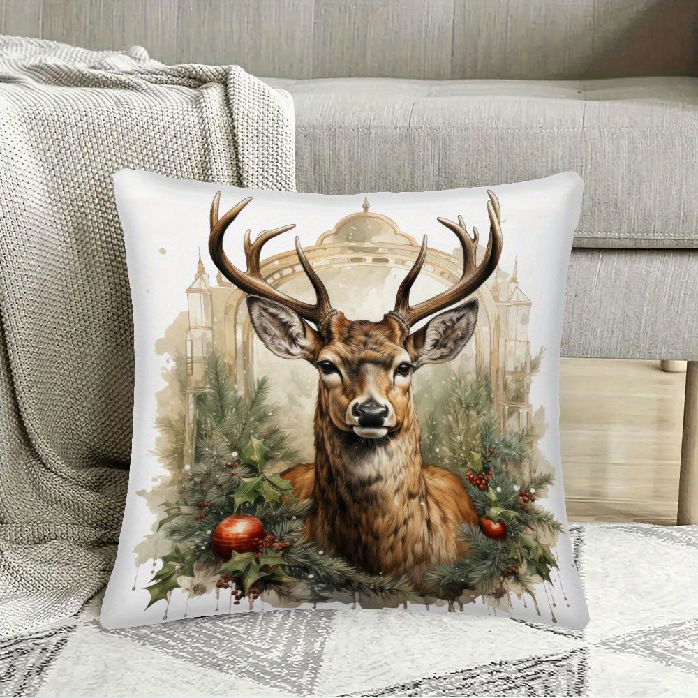 

Vintage Style Decorative Throw Cover With Deer And , Color, Woven Polyester, Zippered, Double-sided Print For Home, Office, And Car - Hand Wash Only, 18x18 Inches - Holidays And Gifts