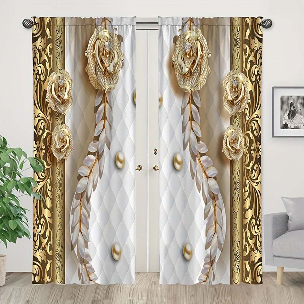 

2pcs, Elegant Golden Patterned Curtains For Home Decoration - Pole Mouth Curtains Suitable For Bedrooms, Offices, Kitchens, Living Rooms, And Study Rooms, Golden Patterned Curtains