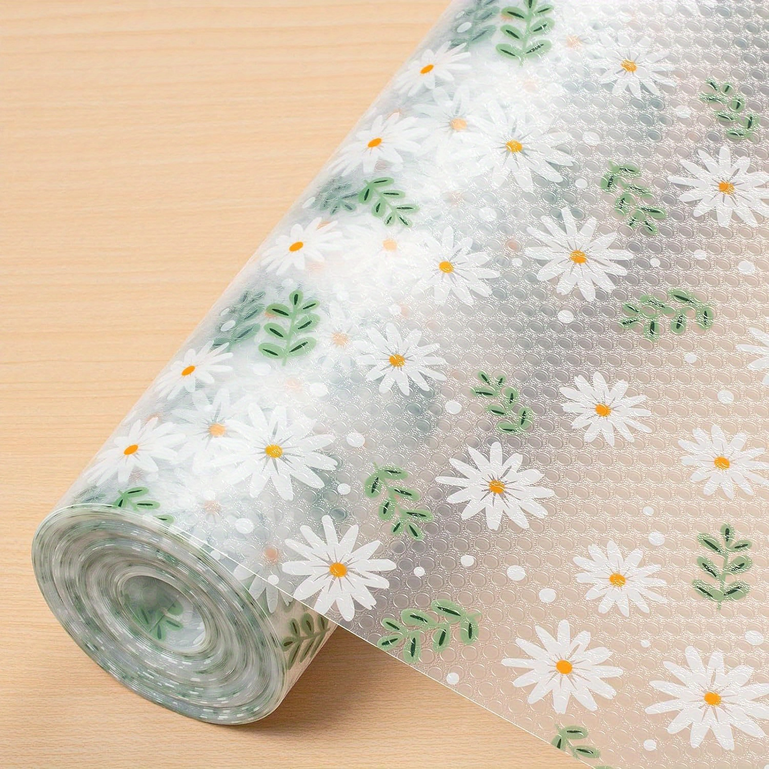 1 roll daisy print eva shelf liner non   non slip drawer mat   rubber cabinet protector   pattern for kitchen refrigerator and desk storage details 0