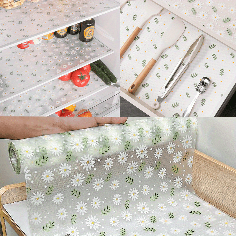 1 roll daisy print eva shelf liner non   non slip drawer mat   rubber cabinet protector   pattern for kitchen refrigerator and desk storage details 2