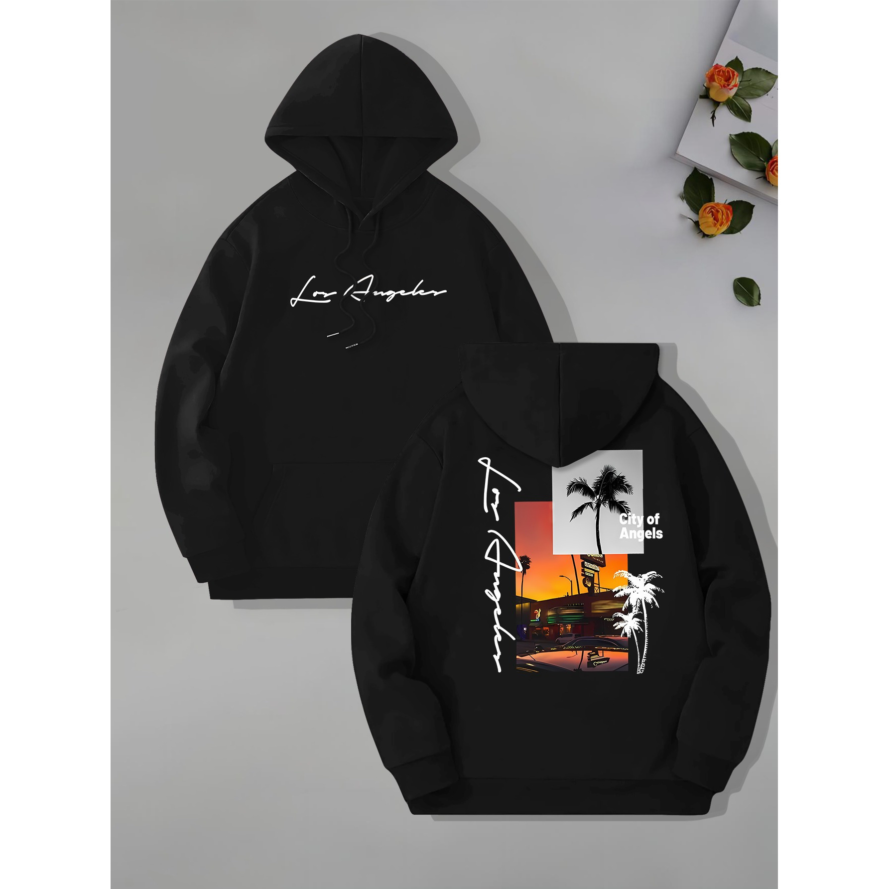 

Los Angeles Beach Printed Men's Pullover, Kangaroo Pocket Long Sleeve Hoodie, Loose Casual Top, Men Clothing