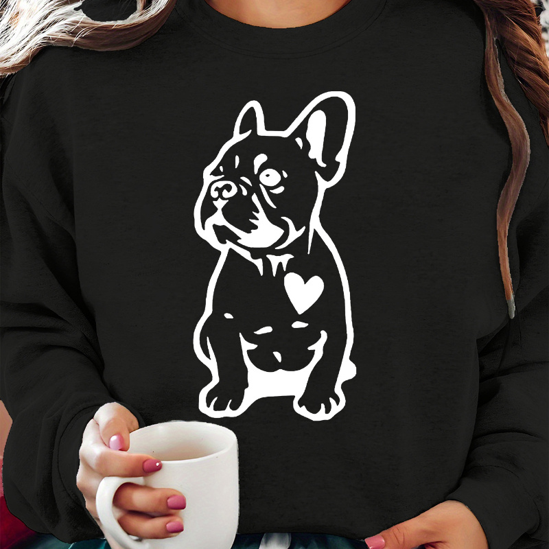 

French Bulldog Crew Neck Sweatshirt For Women, 100% Polyester Knit Fabric, Alphabet Pattern, Long Sleeve Pullover For Fall/winter