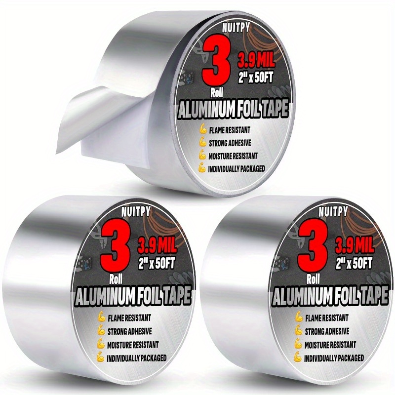 

3-pack Aluminum Foil Tape 3.9 Mil, 2" X 50 Feet , Flame Resistant, Strong Adhesive, Moisture Resistant, Metal Tape For Hvac, Ductwork, Insulation, Sealing