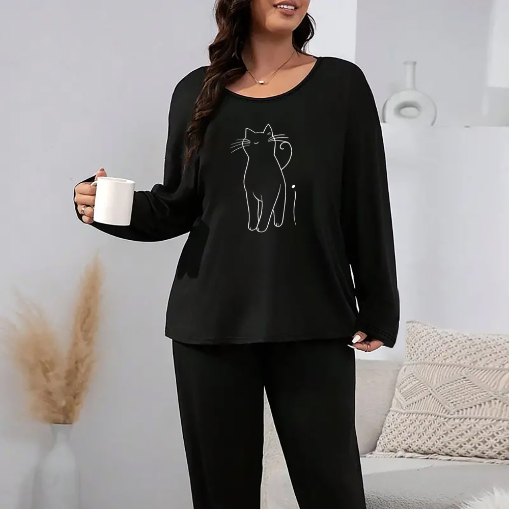 

Plus Size Cat Print Pajama Set For Women - Comfortable Knit Long Sleeve Loungewear - 95% Polyester, 5% Elastane With Medium Stretch - Casual Fall/ Sleepwear