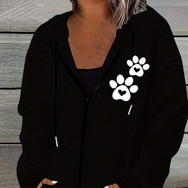 

Chic Paw Print Waffle-knit Hooded Jacket For Women - Casual Zip-up With Drawstring, Machine Washable Polyester