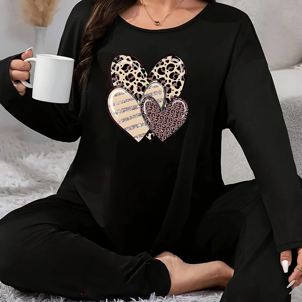 

Plus Size Women's Leopard Heart Print Long Sleeve Pajama Set - Autumn/winter Cozy Lounge Wear