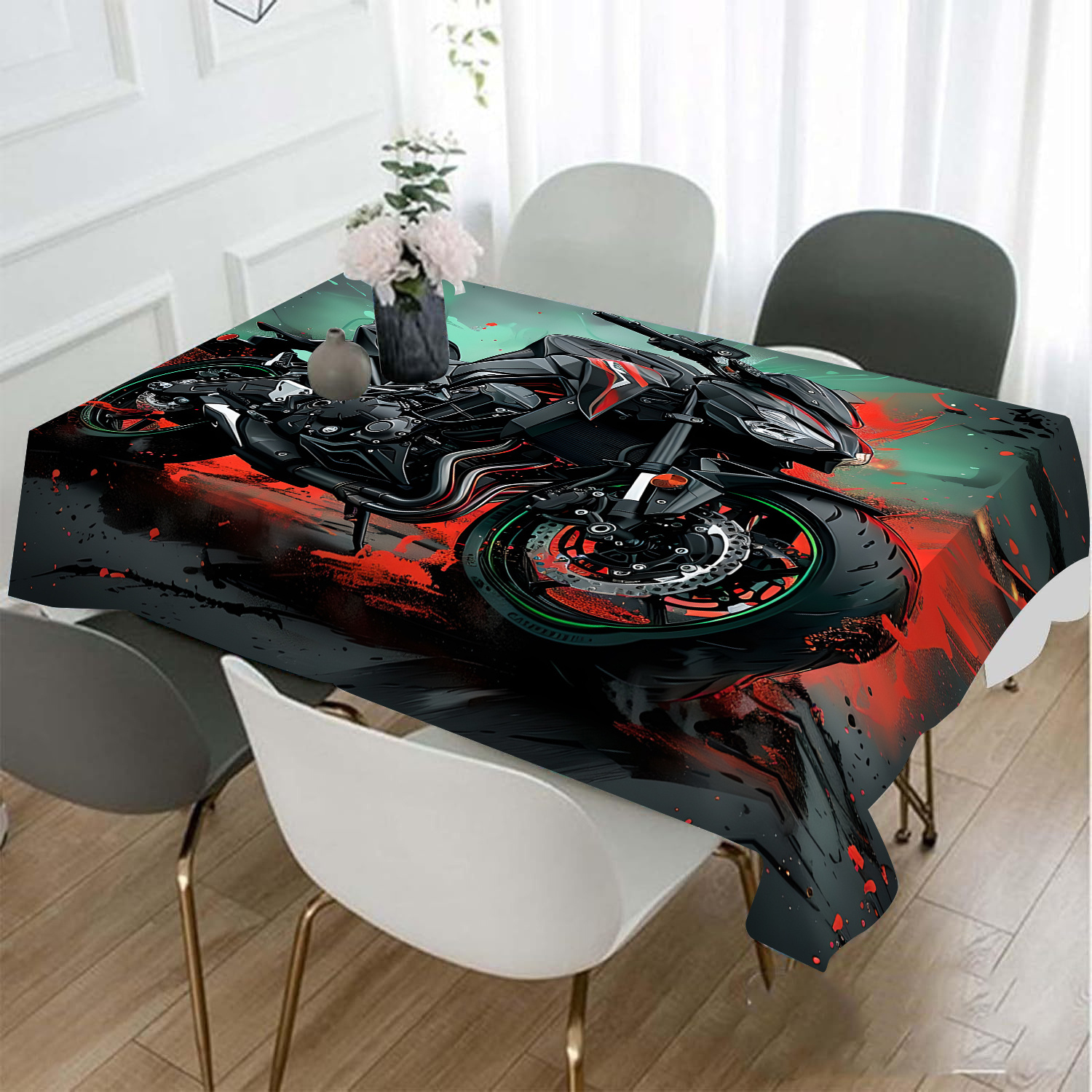 

Nappe à Thème Moto Noire - Imperméable & Résistante aux Taches, Parfaite pour Tables à Manger & Coffe Tables, Housse Décorative Rectangulaire en Polyester