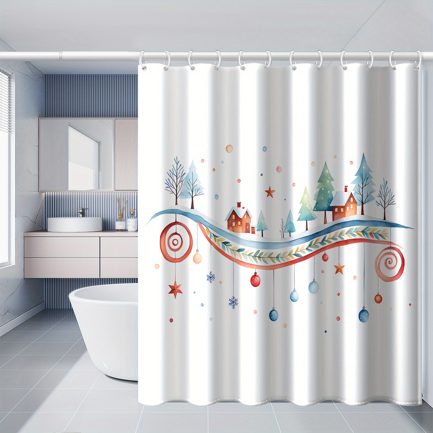 

Christmas-themed Print Shower Curtain With Leaves & Ornaments - Waterproof Polyester, Includes Hooks, All , Machine Washable - 71x71 Inches