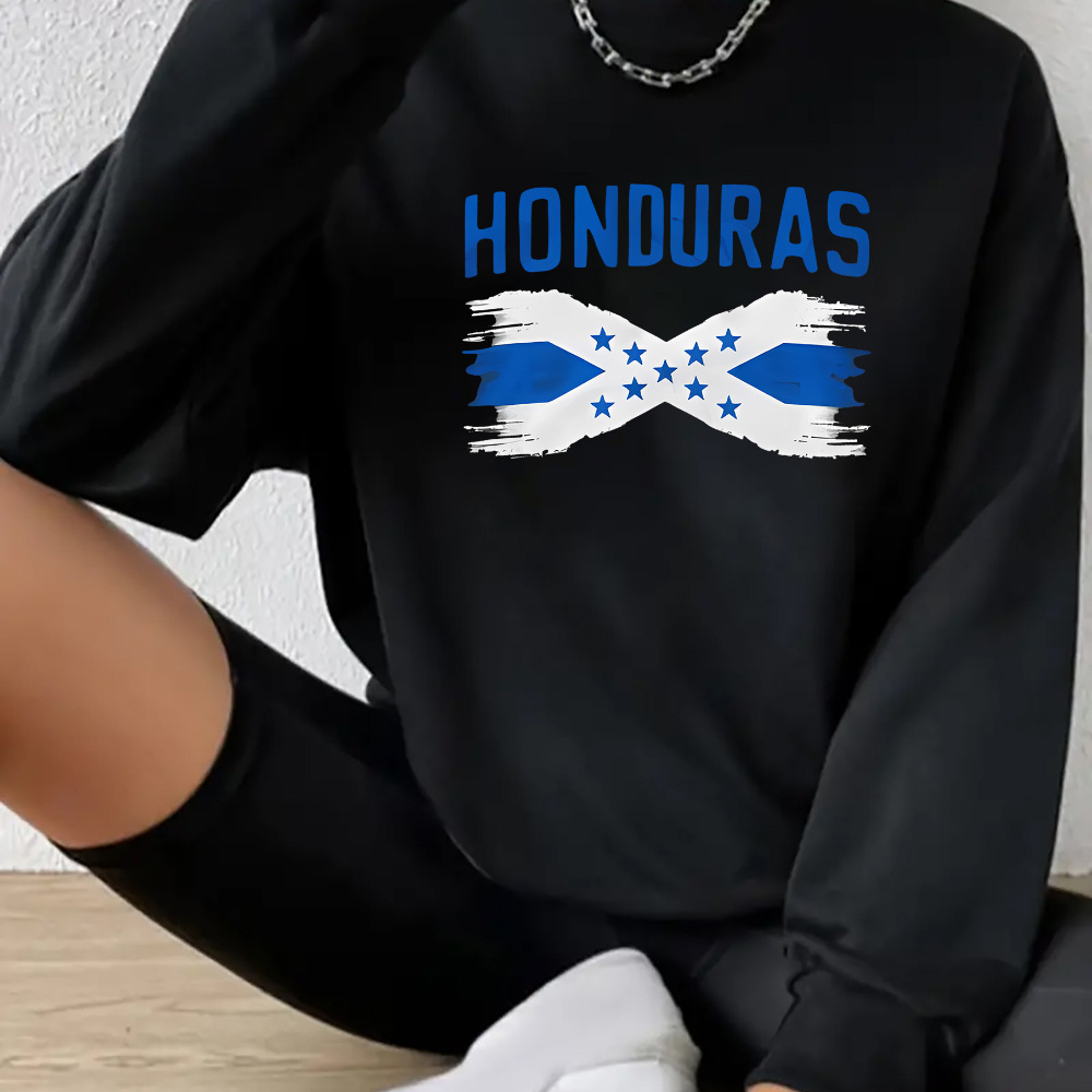 

Women' Round Neck Sweatshirt With Honduras Flag Print, Casual Sporty Long Sleeve, Polyester Pullover, Stretch Knit Fabric, Adult Size