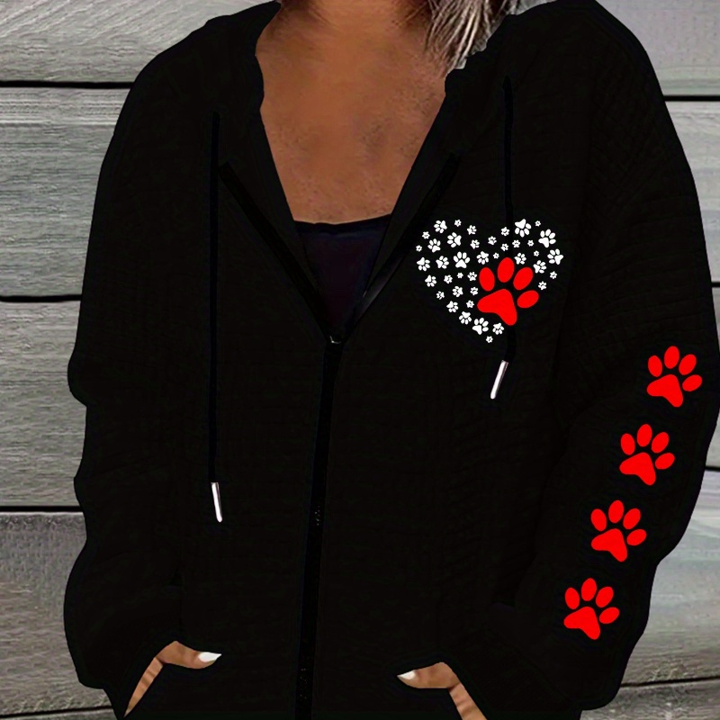 

Women's Casual Hooded Sweatshirt With Paw Print And , Geometric Pattern, Polyester Zippered Pullover With Drawstring - Knit Fabric, Machine Washable