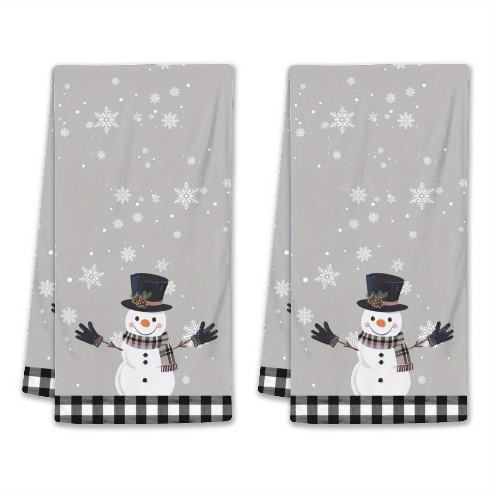 

2-pack Super Soft Polyester Kitchen Towels - Modern Non-woven Christmas Snowman Hand Towels With Buffalo Check, Anime-style Design, Absorbent And Decorative Dish Cloths For Housewarming Gift