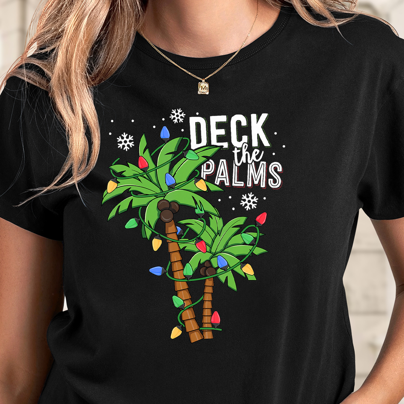 

[seasonal ] Women's Palm Christmas T-shirt - Black With Lights & Design, Casual Crew Neck, Short Sleeve, Stretchy Polyester , Machine Washable, Spring/summer