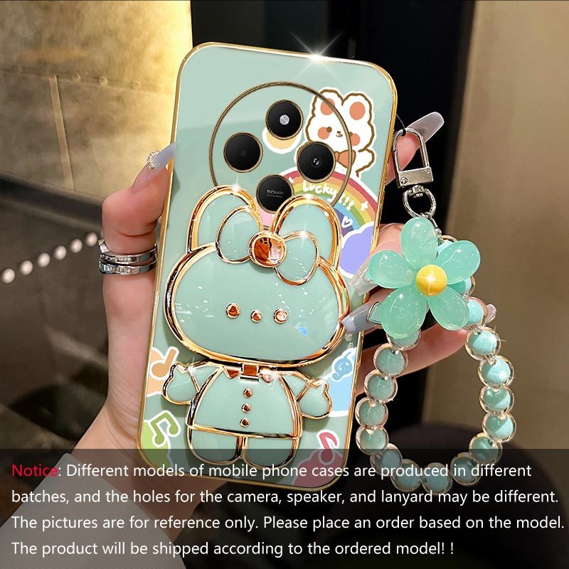 TEMU Coque de téléphone : Étui plaqué avec support intelligent de lapin 14C 4G, perles et lanière pour Xiaomi Redmi 14C 4G, housse souple