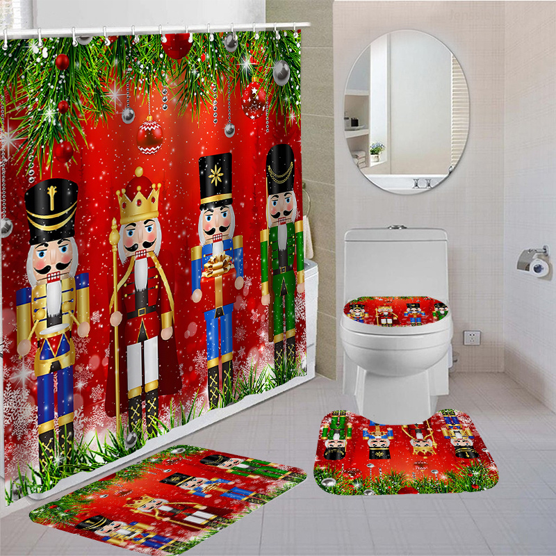 

Christmas Nutcracker Bathroom Set With Waterproof Polyester , 12 Hooks, Non-slip Mats, Toilet Cover - Woven, Water-resistant Bath Accessories, Only (1pc/4pcs)