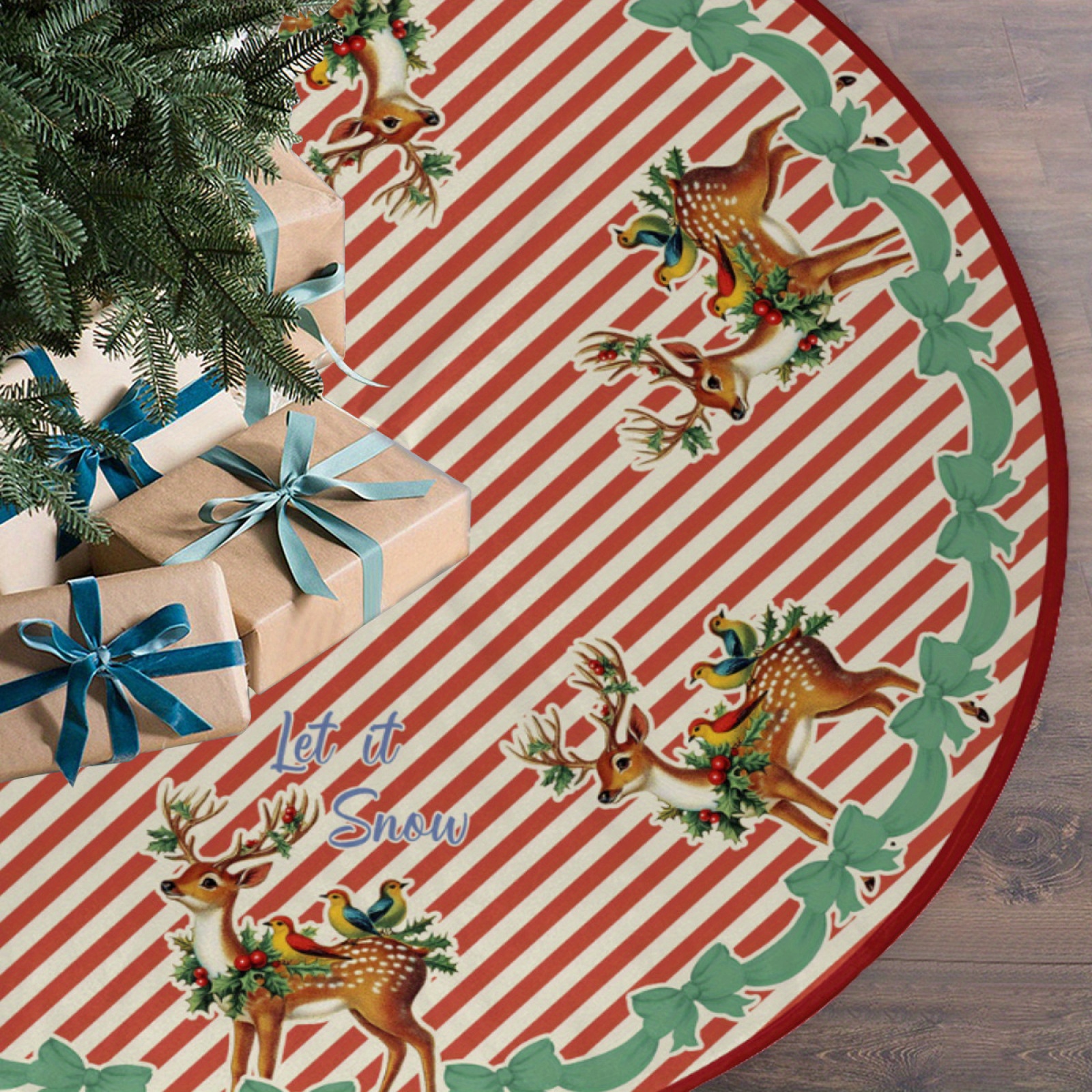 

1pc Christmas Tree , & Wreath , Red & Striped Accents, Polyester, & Decor, 1pc
